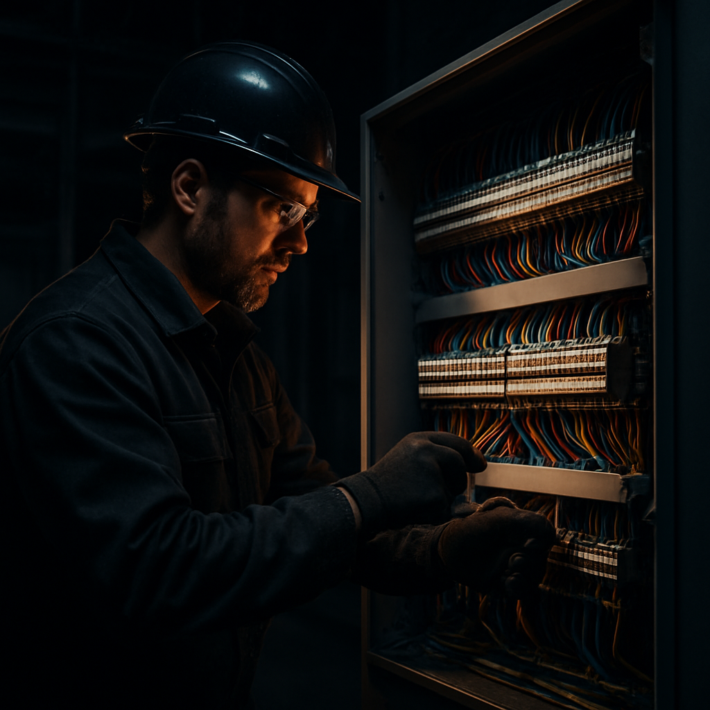 Apex electrician servicing an industrial electrical panel